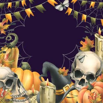 Human skulls with black witch hat, orange pumpkins, cobwebs, candles and autumn Stock Illustration