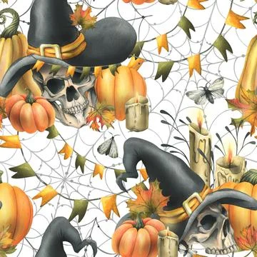 Human skulls in a black witch hat, orange pumpkins, cobwebs, candles and autumn Stock Illustration