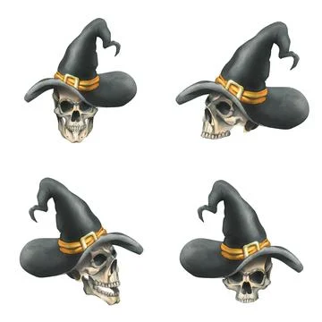 Human skulls in black witch hat with orange ribbon and gold buckle for death day Stock Illustration