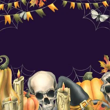 Human skulls with black witch hat, orange pumpkins, cobwebs, candles and autumn Иллюстрация