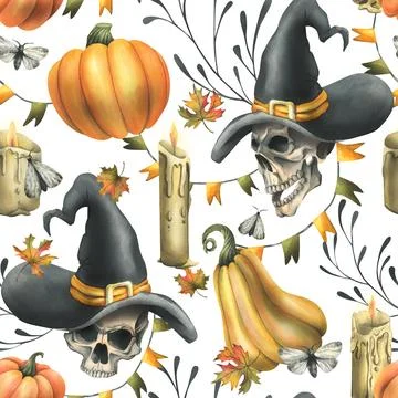 Human skulls in a black witch hat, orange pumpkins, candles and autumn maple Stock Illustration