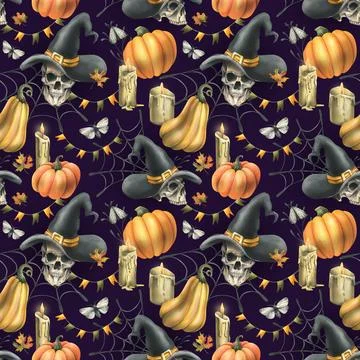 Human skulls in a black witch hat, orange pumpkins, cobwebs, candles and autumn Stock Illustration