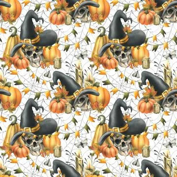 Human skulls in a black witch hat, orange pumpkins, cobwebs, candles and autumn Stock Illustration