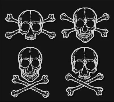 Human skulls with crossbones vector set on black background Stock Illustration