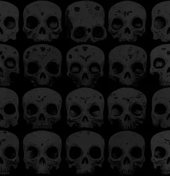 Human skulls dark seamless pattern. Black and gray colors. Stock Illustration