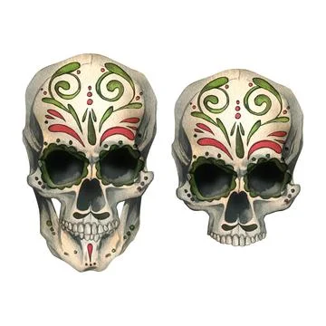 Human skulls front view with colored ornaments. Hand drawn watercolor Stock Illustration