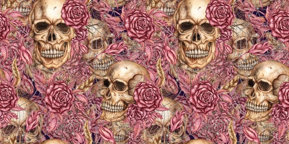 Human skulls gothic roses web pattern solid watercolor Stock Illustration