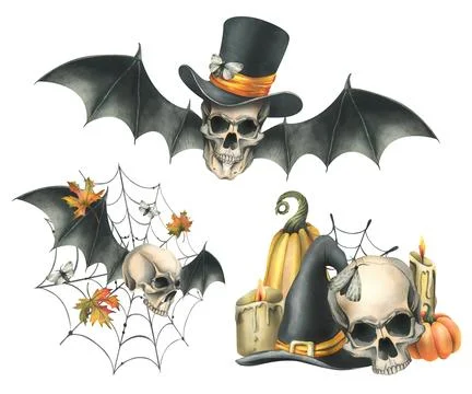 Human skulls in hats with bat wings, pumpkins, autumn leaves and candles. Hand Stock Illustration