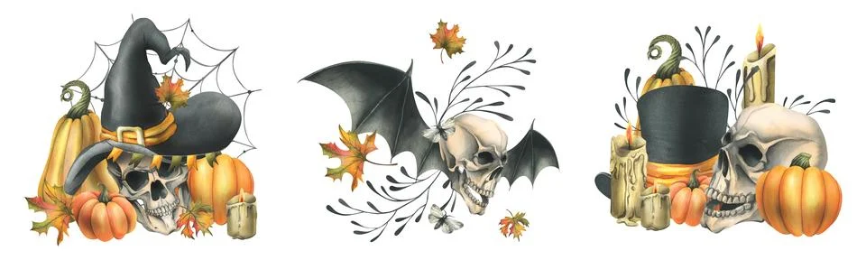 Human skulls in hats with bat wings, pumpkins, autumn leaves and candles. Hand Stock Illustration