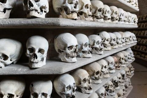 Human skulls inside a catacomb. Stock Photos