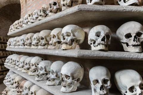 Human skulls inside a catacomb. Stock Photos