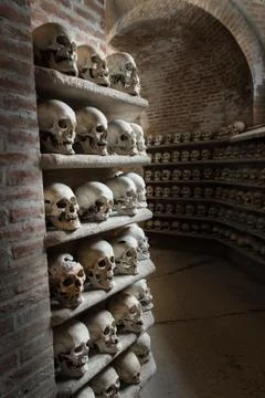 Human skulls inside a catacomb. Stock Photos