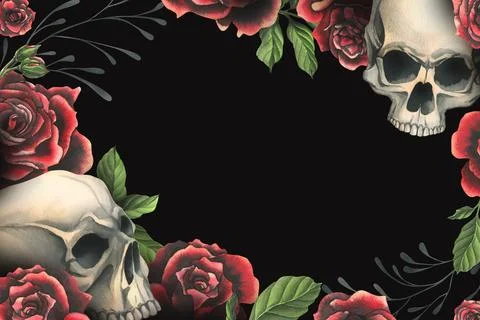 Human skulls realistic with black and red roses, green leaves and black branches Stock Illustration