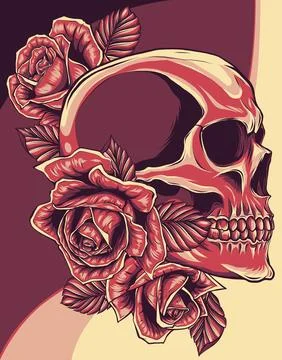 A human skulls with roses on white background Stock Illustration
