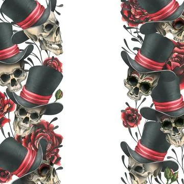Human skulls in a top hat with red roses and branches. Hand drawn watercolor Stock Illustration