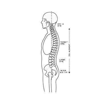 Human spine anatomy side view with labeled sections and ideal alignment Sil.. Stock-Illustration