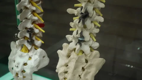 Human spine with titanium rods and screws used for spinal fusion surgery Stock Footage 334331706