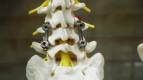 Human spine with titanium rods and screws used for spinal fusion surgery Stock Footage 334332993