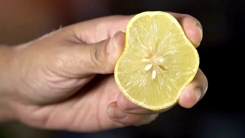 Human squeezes lemon as fresh lemon juice pours in his hand. squeezing a le.. Stock Footage 265839684