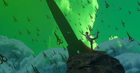 Human standing on an edge. Imaginary world. Alternative realm. Stock Illustration