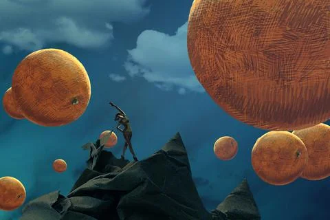 Human standing on an edge. Imaginary world. Alternative realm. Illustrazione stock