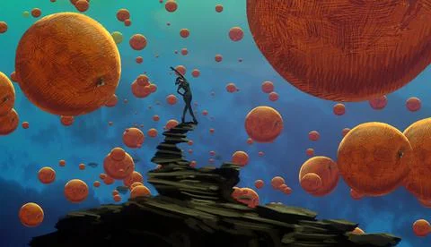 Human standing on an edge. Imaginary world. Alternative realm. Stock Illustration