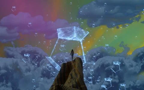 Human standing on an edge. Imaginary world. Alternative realm. Stock Illustration