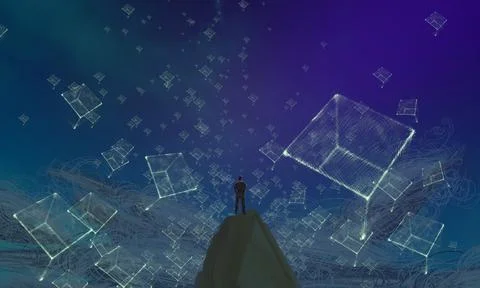 Human standing on an edge. Imaginary world. Alternative realm. Stock Illustration