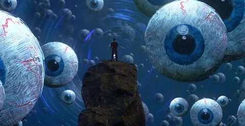 Human standing on an edge. Imaginary world. Alternative realm. Stock Illustration