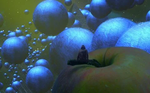 Human standing on an edge. Imaginary world. Alternative realm. Stock Illustration