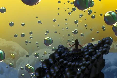 Human standing on an edge. Imaginary world. Alternative realm. Stock Illustration