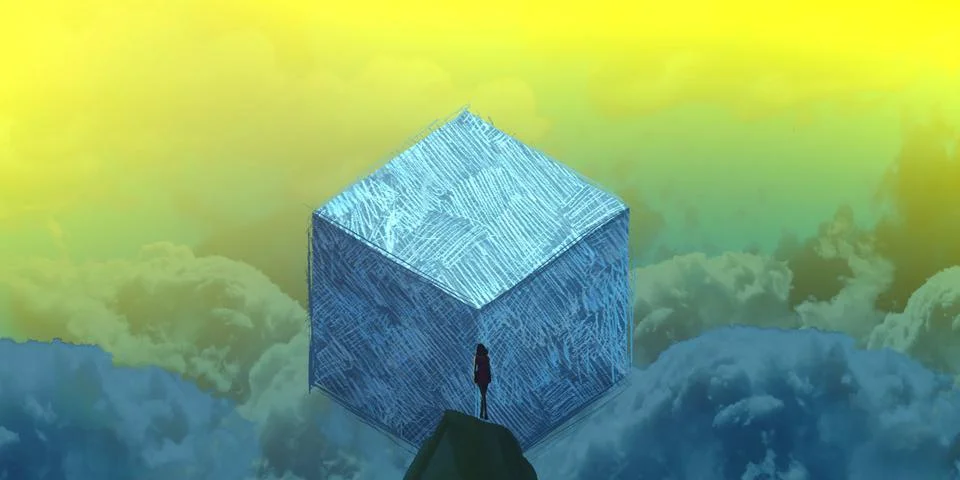 Human standing on an edge. Imaginary world. Alternative realm. Illustrazione stock
