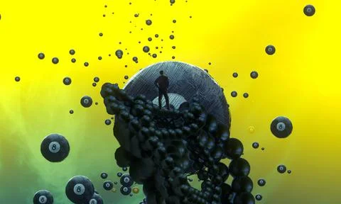 Human standing on an edge. Imaginary world. Alternative realm. Stock Illustration