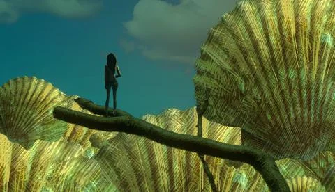 Human standing on an edge. Imaginary world. Alternative realm. Stock Illustration