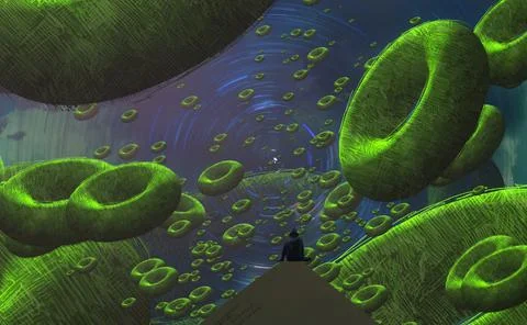 Human standing on an edge. Imaginary world. Alternative realm. Stock Illustration