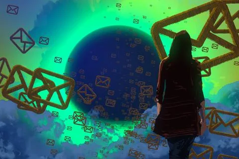 Human standing on an edge. Imaginary world. Alternative realm. Stock Illustration