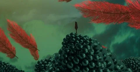 Human standing on an edge. Imaginary world. Alternative realm. Illustrazione stock