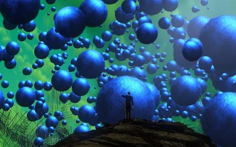 Human standing on an edge. Imaginary world. Alternative realm. Illustrazione stock
