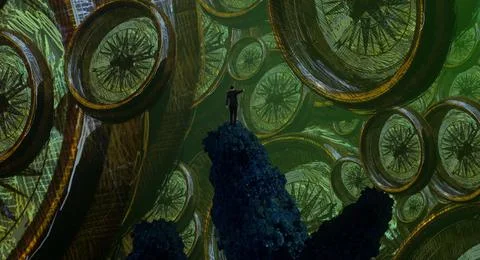 Human standing on an edge. Imaginary world. Alternative realm. Stock Illustration