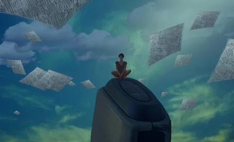 Human standing on an edge. Imaginary world. Alternative realm. Stock Illustration