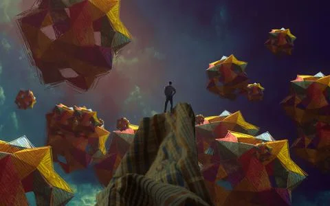 Human standing on an edge. Imaginary world. Stock Illustration