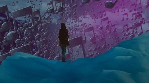 Human standing on an edge. Imaginary world. Stock Illustration