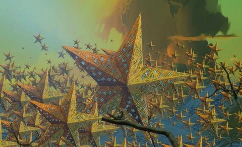 Human standing on an edge. Imaginary world. Stock Illustration