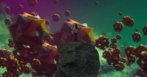 Human standing on an edge. Imaginary world. Stock Illustration