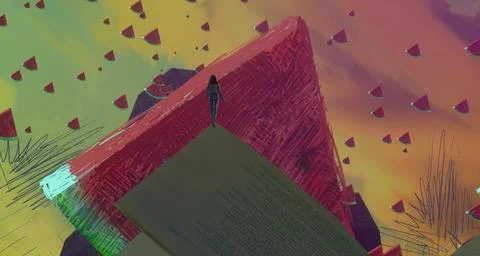 Human standing on an edge. Imaginary world. Stock Illustration