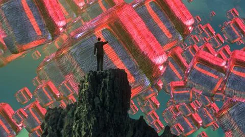 Human standing on an edge. Imaginary world. Alternative realm. Stock Illustration