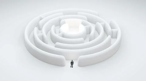 Human standing in front of maze, white round labyrinth, business thinking and Stock Illustration