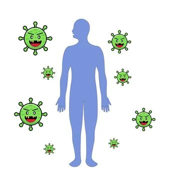 Human surrounded by numerous viruses immunity protection concept - 1 Stock Illustration