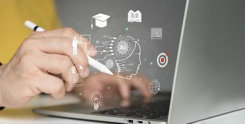 Human with technology internet learning and study online class webinar tech.. Stock Photos