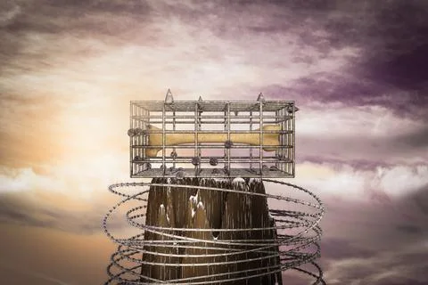 Human thigh bone in a cage on the top of a mountain at sunset magenta day. Stock Illustration